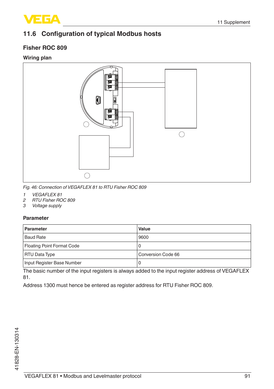 6 configuration of typical modbus hosts, Fisher roc 809, Wiring plan | Parameter, 11 supplement | VEGA VEGAFLEX 81 Modbus and Levelmaster protocol User Manual | Page 91 / 104