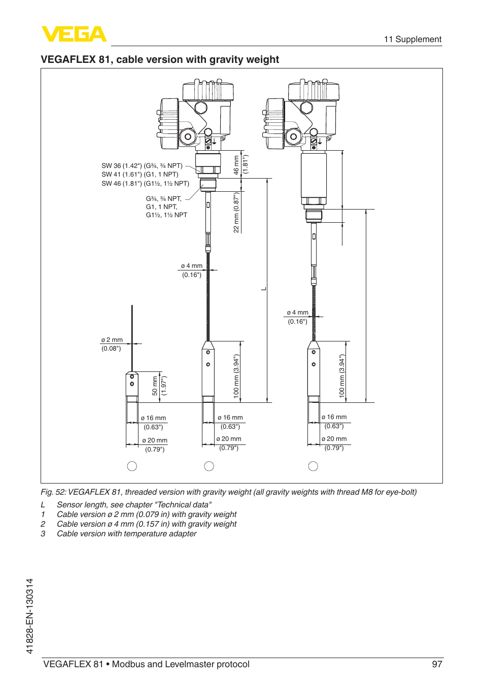 Vegaflex 81, cable version with gravity weight, 11 supplement | VEGA VEGAFLEX 81 Modbus and Levelmaster protocol User Manual | Page 97 / 104