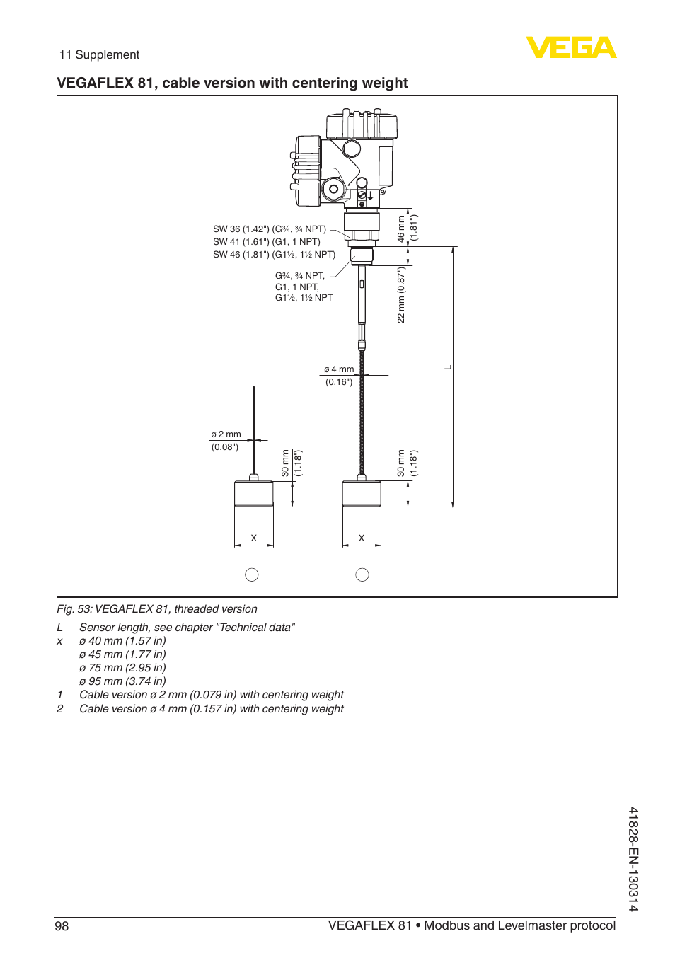 Vegaflex 81, cable version with centering weight | VEGA VEGAFLEX 81 Modbus and Levelmaster protocol User Manual | Page 98 / 104