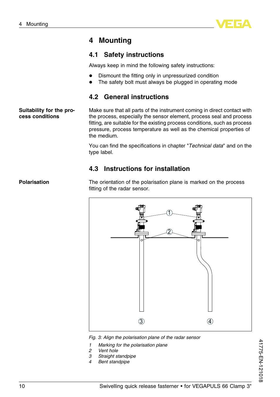 4 mounting, 1 safety instructions, 2 general instructions | 3 instructions for installation, 4mounting, 1 s afety instructions, 2 g eneral instructions, 3 i nstructions for installation | VEGA VEGAPULS 66 Swivelling quick release fasterner (Clamp 3") User Manual | Page 10 / 24