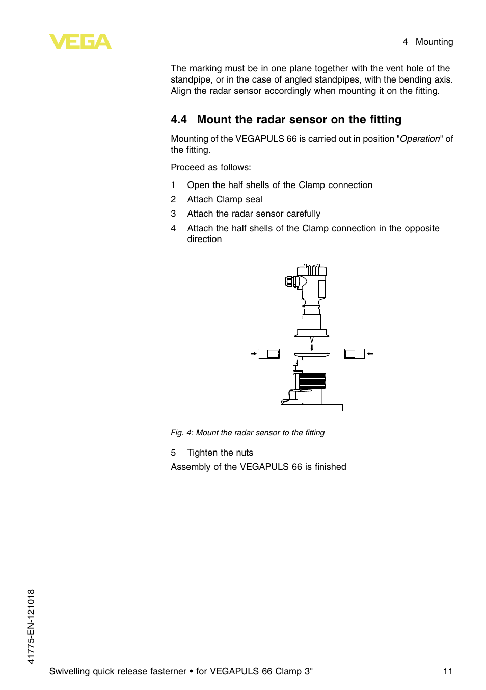 4 mount the radar sensor on the fitting, 4 m ount the radar sensor on the ﬁtting | VEGA VEGAPULS 66 Swivelling quick release fasterner (Clamp 3") User Manual | Page 11 / 24