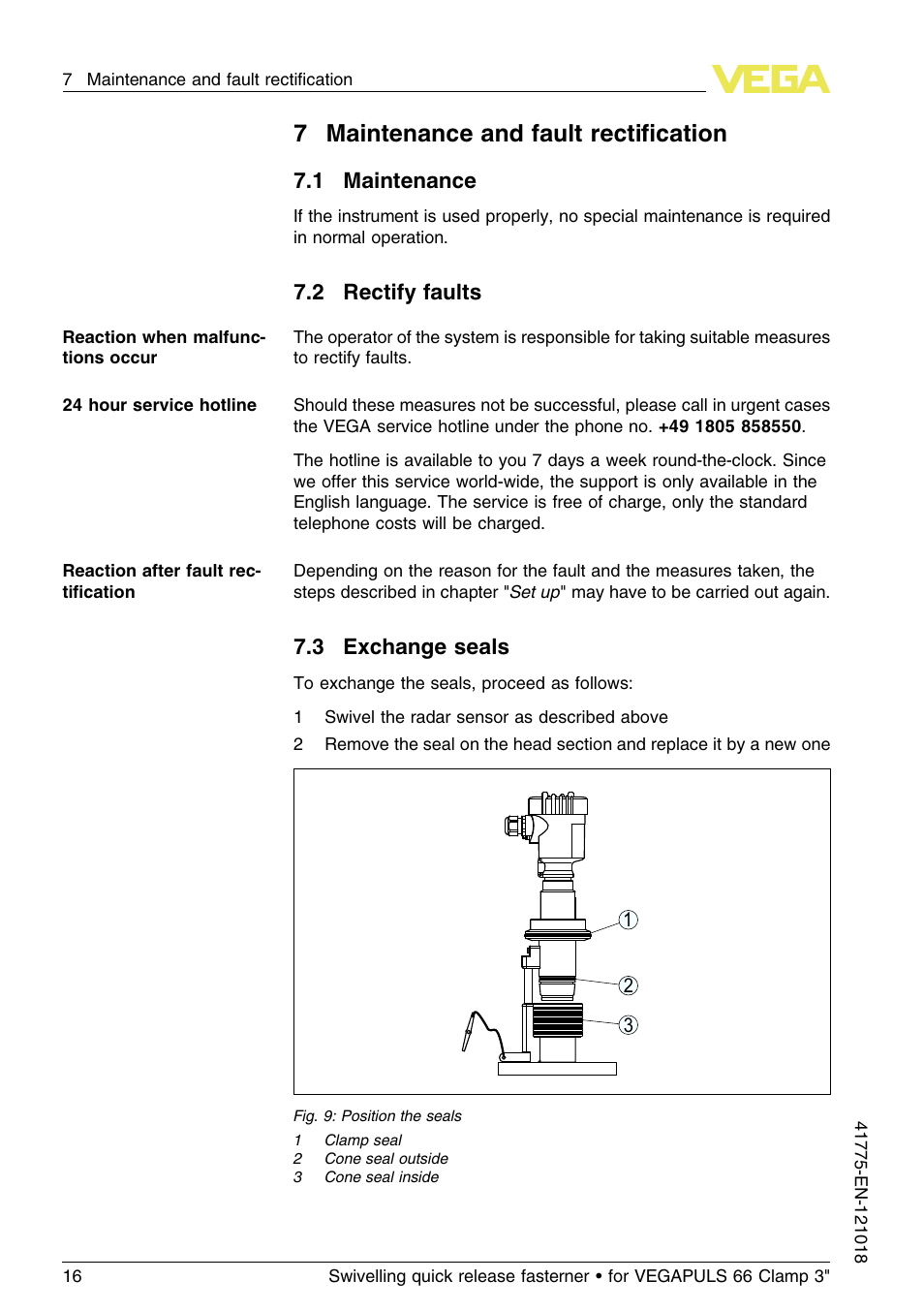 7 maintenance and fault rectification, 1 maintenance, 2 rectify faults | 3 exchange seals, 7maintenance and fault rectiﬁcation | VEGA VEGAPULS 66 Swivelling quick release fasterner (Clamp 3") User Manual | Page 16 / 24