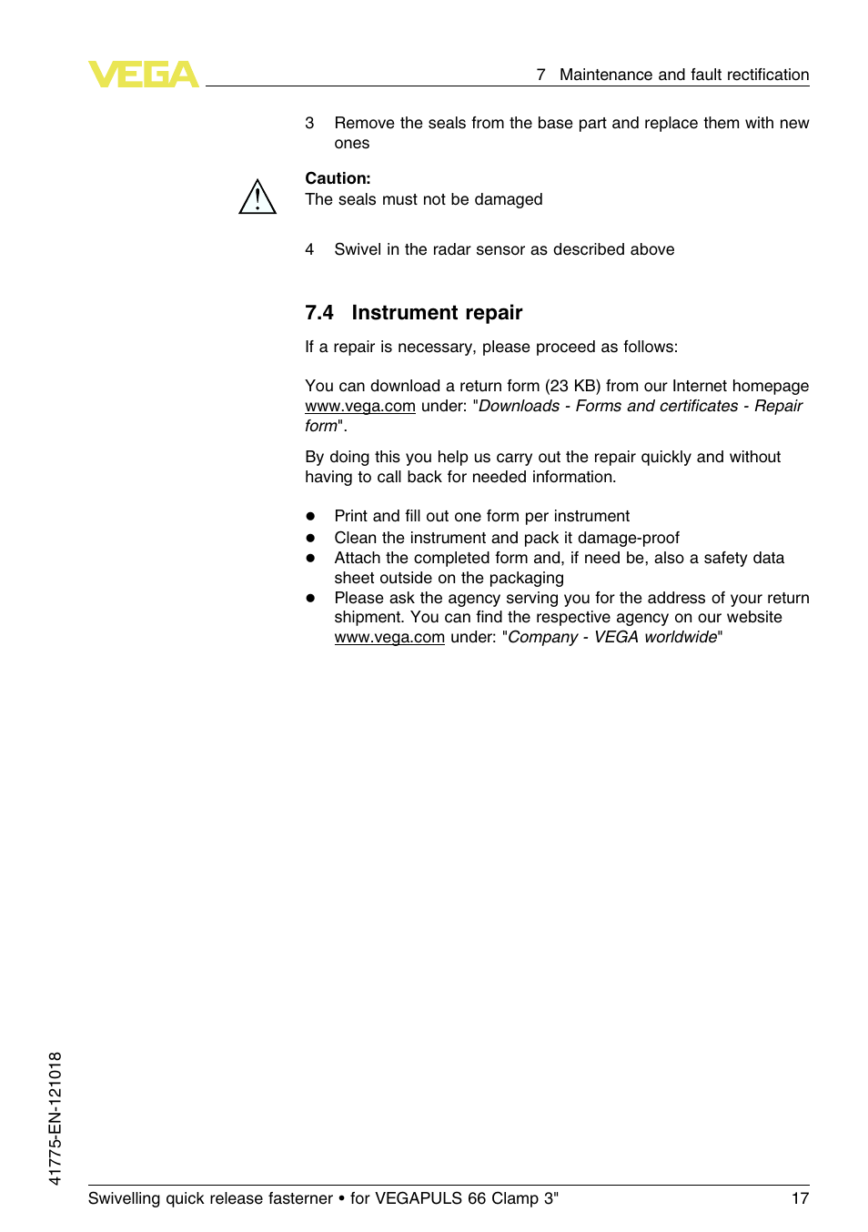 4 instrument repair, 4 i nstrument repair | VEGA VEGAPULS 66 Swivelling quick release fasterner (Clamp 3") User Manual | Page 17 / 24