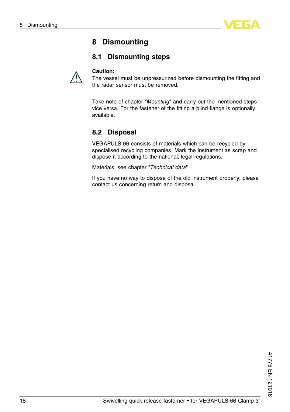 8 dismounting, 1 dismounting steps, 2 disposal | 8dismounting | VEGA VEGAPULS 66 Swivelling quick release fasterner (Clamp 3") User Manual | Page 18 / 24