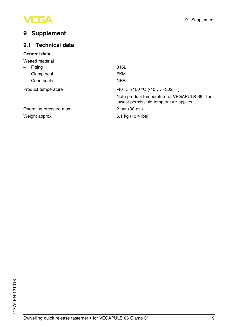 9 supplement, 1 technical data, 9supplement | VEGA VEGAPULS 66 Swivelling quick release fasterner (Clamp 3") User Manual | Page 19 / 24