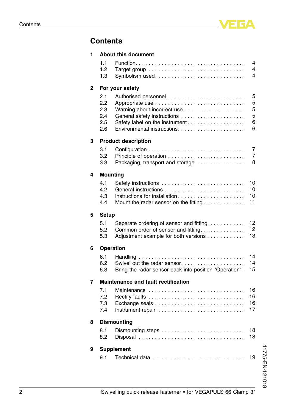 VEGA VEGAPULS 66 Swivelling quick release fasterner (Clamp 3") User Manual | Page 2 / 24