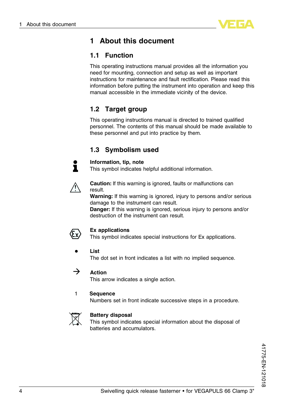 1 about this document, 1 function, 2 target group | 3 symbolism used, 1about this document | VEGA VEGAPULS 66 Swivelling quick release fasterner (Clamp 3") User Manual | Page 4 / 24