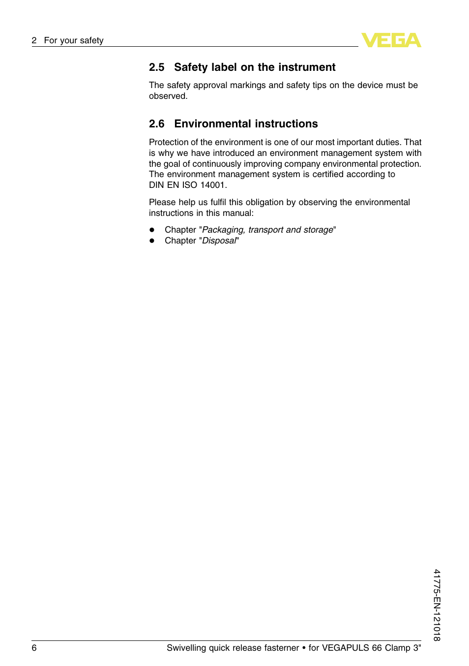 5 safety label on the instrument, 6 environmental instructions | VEGA VEGAPULS 66 Swivelling quick release fasterner (Clamp 3") User Manual | Page 6 / 24