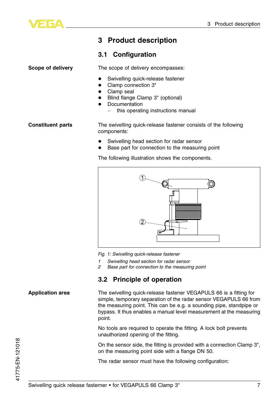 3product description, 1 c onﬁguration, 2 p rinciple of operation | VEGA VEGAPULS 66 Swivelling quick release fasterner (Clamp 3") User Manual | Page 7 / 24