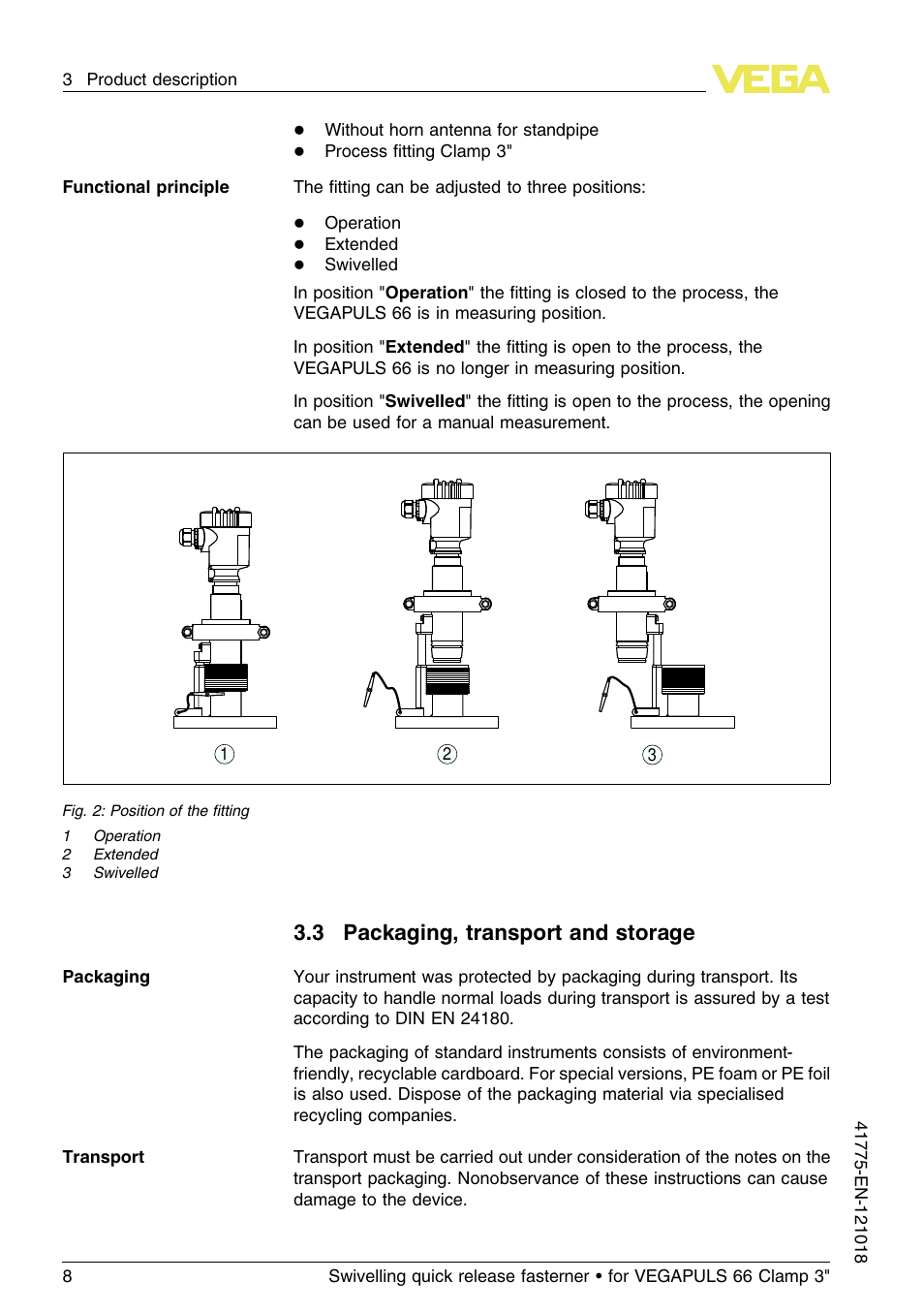 3 packaging, transport and storage, 3 p ackaging, transport and storage | VEGA VEGAPULS 66 Swivelling quick release fasterner (Clamp 3") User Manual | Page 8 / 24