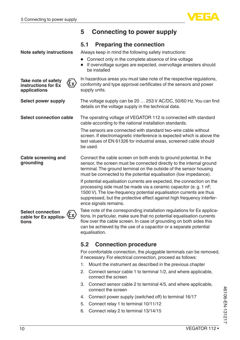5 connecting to power supply, 1 preparing the connection, 2 connection procedure | VEGA VEGATOR 112 User Manual | Page 10 / 28