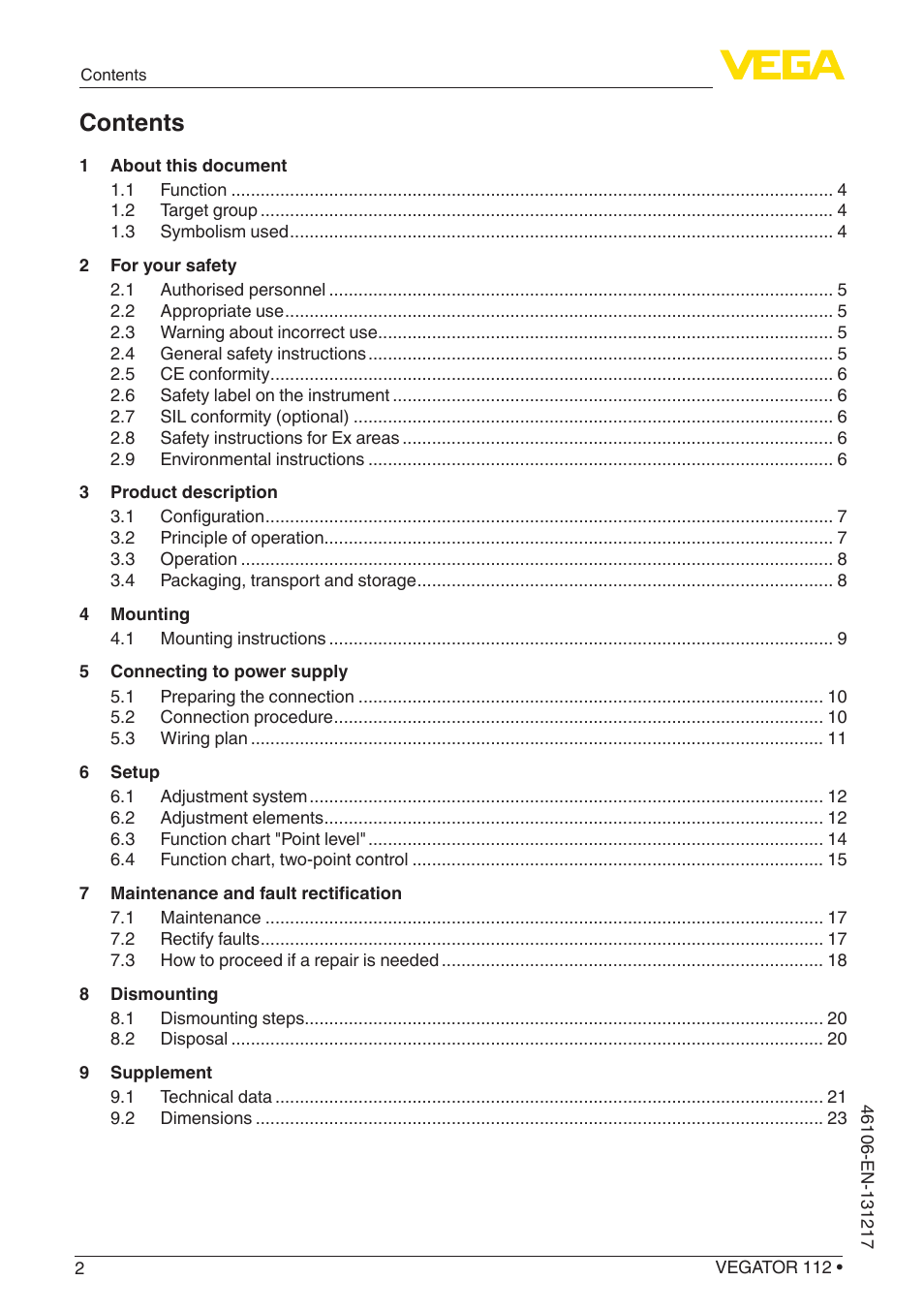 VEGA VEGATOR 112 User Manual | Page 2 / 28