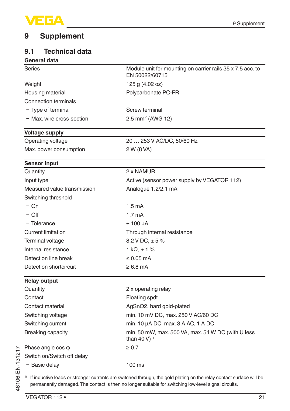 9 supplement, 1 technical data | VEGA VEGATOR 112 User Manual | Page 21 / 28