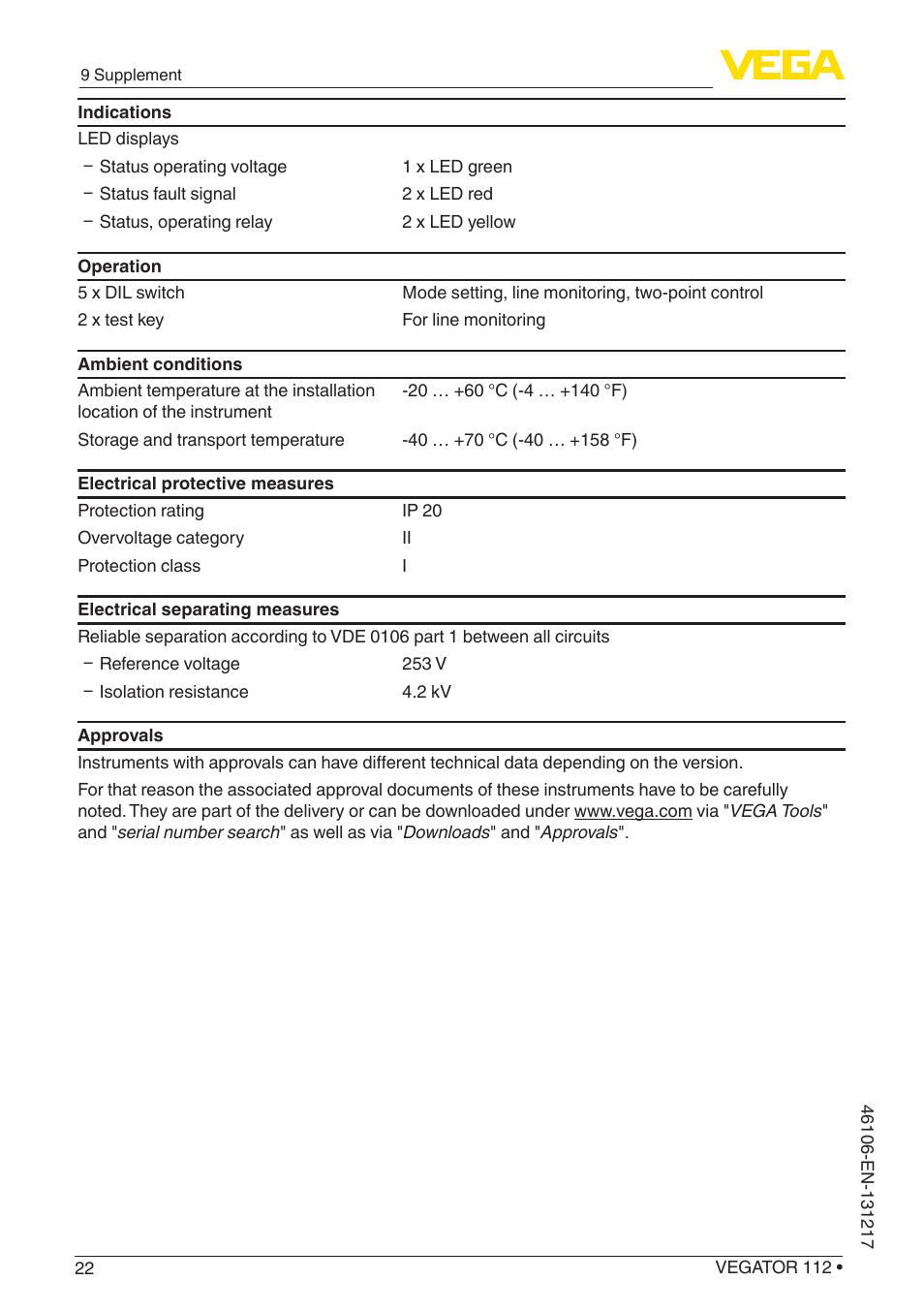 VEGA VEGATOR 112 User Manual | Page 22 / 28