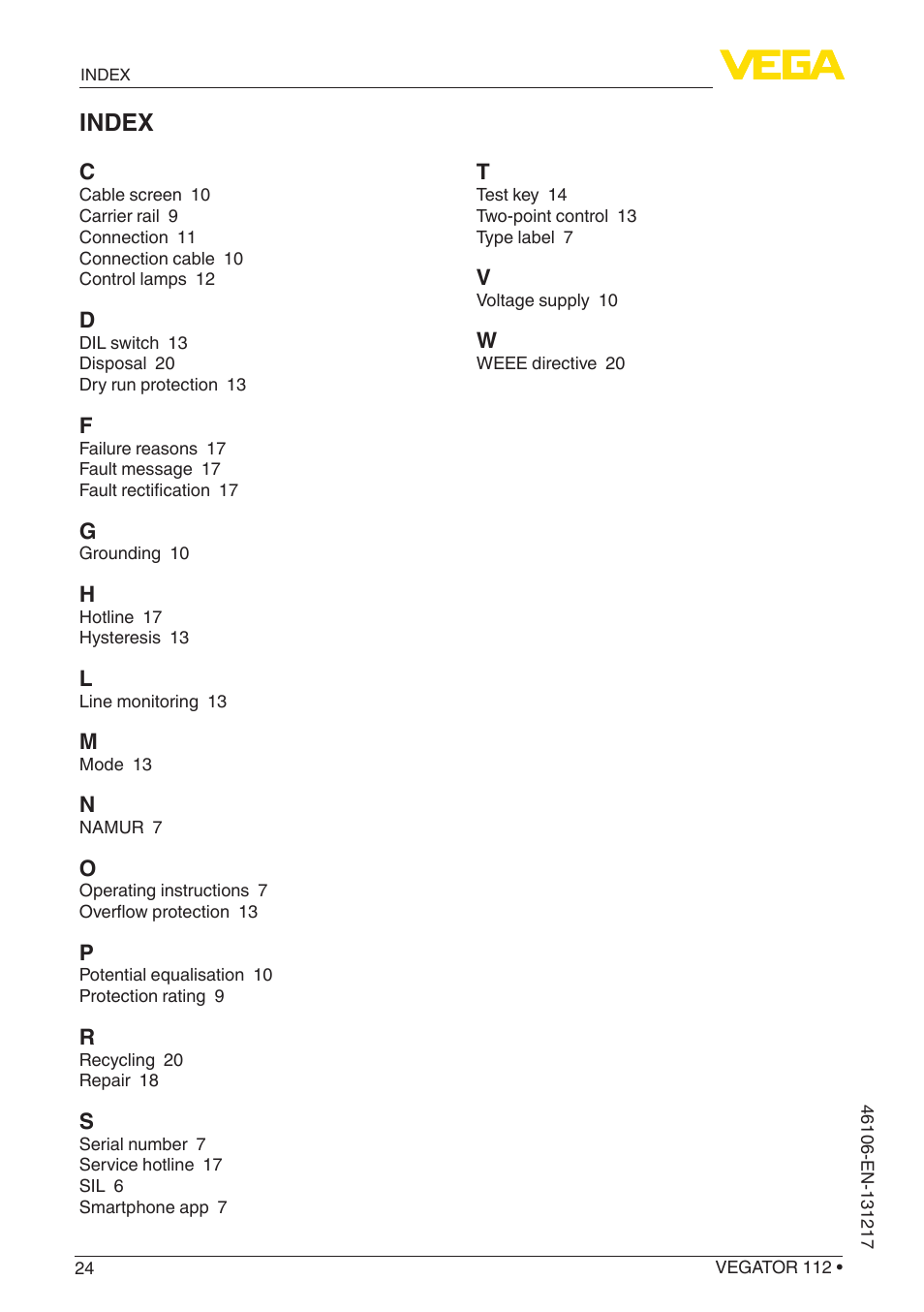 Index | VEGA VEGATOR 112 User Manual | Page 24 / 28
