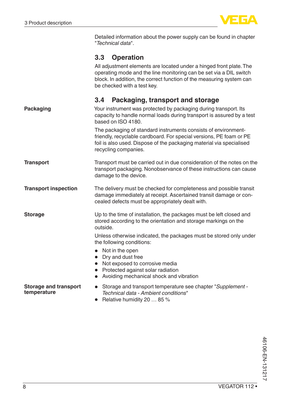 3 operation, 4 packaging, transport and storage | VEGA VEGATOR 112 User Manual | Page 8 / 28