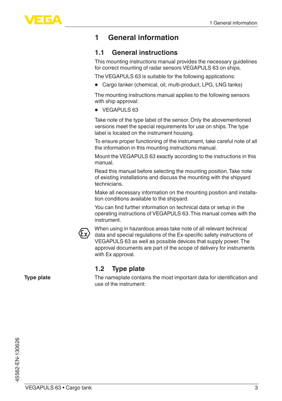 1 general information, 1 general instructions, 2 type plate | VEGA VEGAPULS 63 Ship-building User Manual | Page 3 / 20