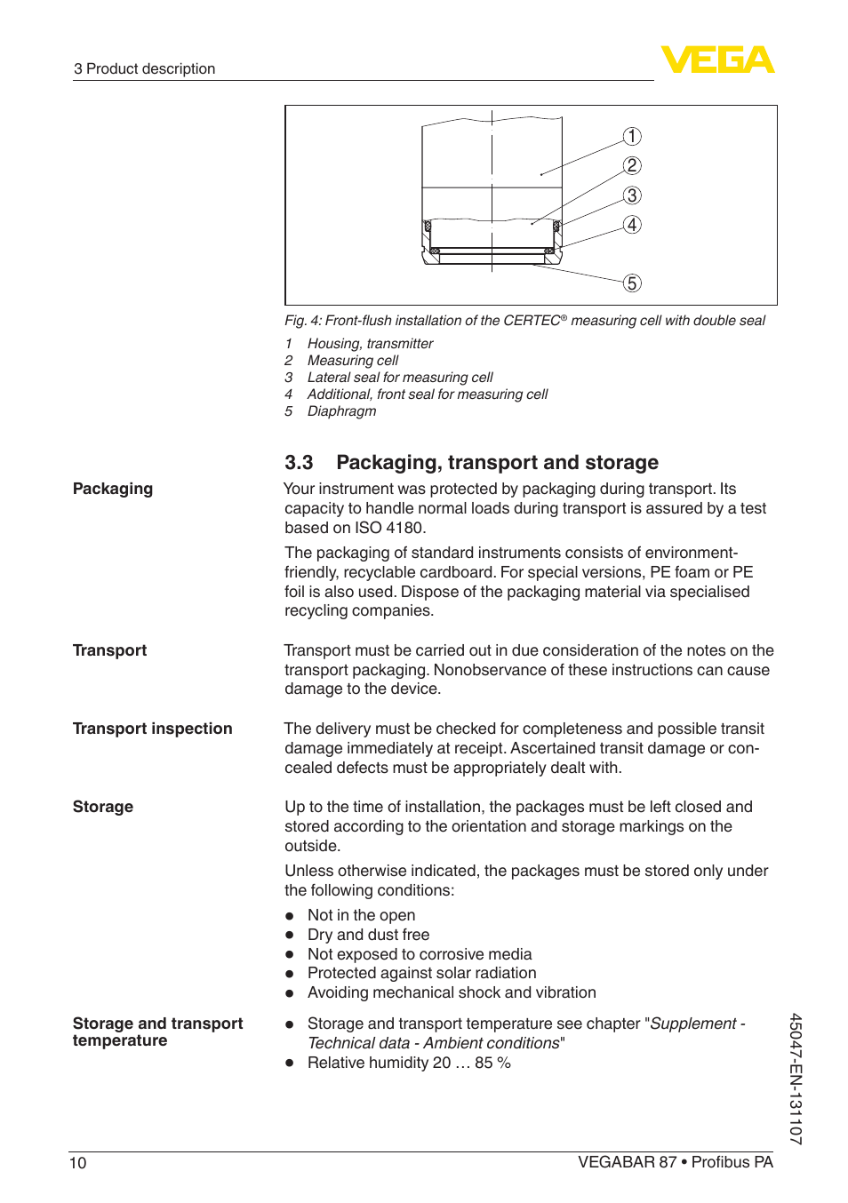 3 packaging, transport and storage | VEGA VEGABAR 87 Profibus PA - Operating Instructions User Manual | Page 10 / 80