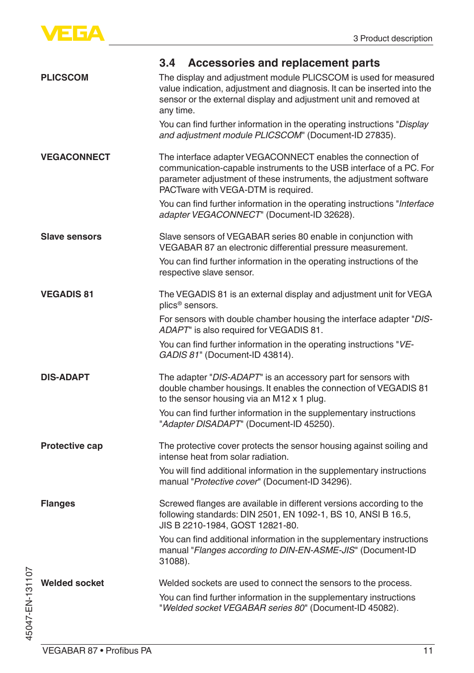 4 accessories and replacement parts | VEGA VEGABAR 87 Profibus PA - Operating Instructions User Manual | Page 11 / 80