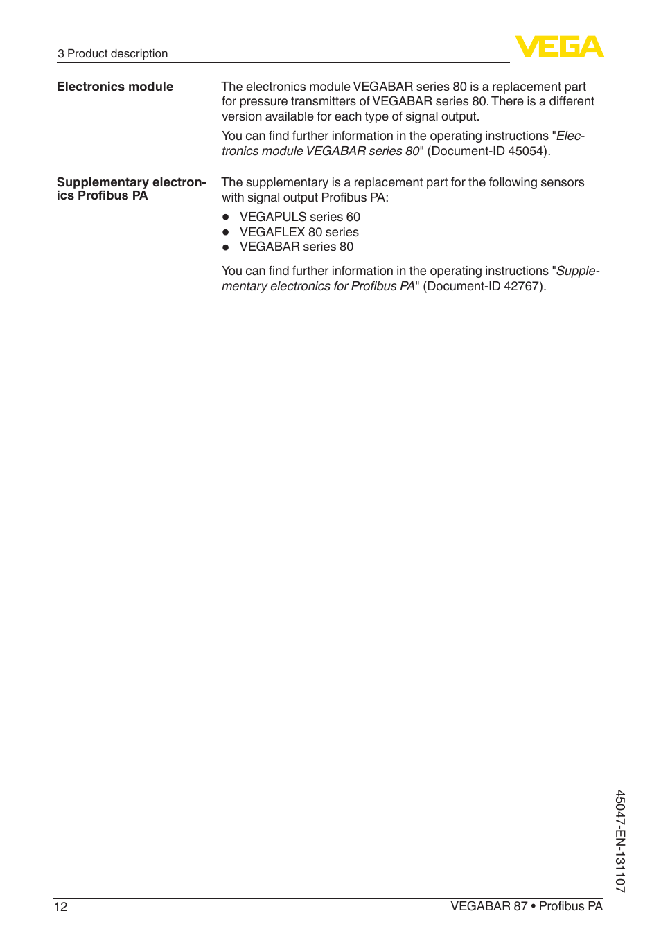 VEGA VEGABAR 87 Profibus PA - Operating Instructions User Manual | Page 12 / 80