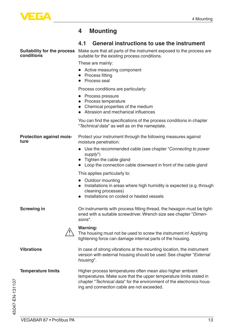 4 mounting, 1 general instructions to use the instrument | VEGA VEGABAR 87 Profibus PA - Operating Instructions User Manual | Page 13 / 80