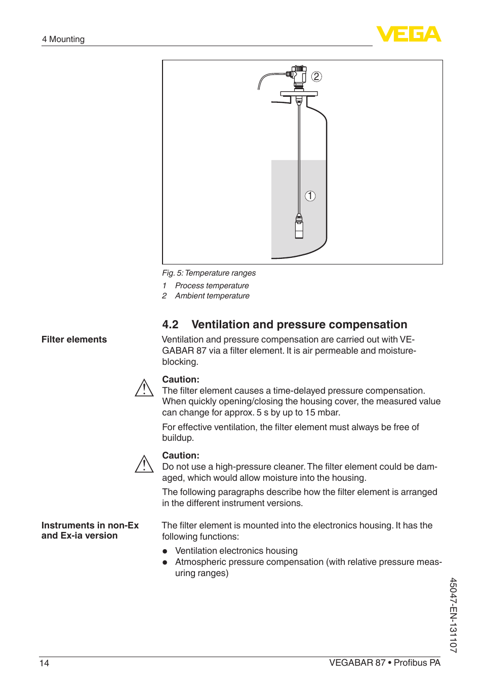 2 ventilation and pressure compensation | VEGA VEGABAR 87 Profibus PA - Operating Instructions User Manual | Page 14 / 80