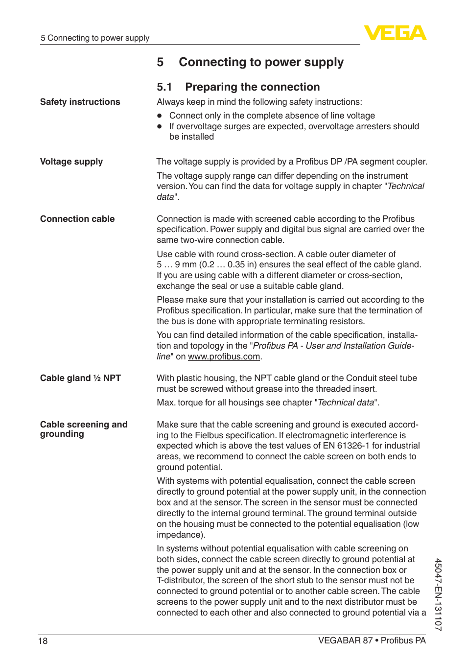 5 connecting to power supply, 1 preparing the connection | VEGA VEGABAR 87 Profibus PA - Operating Instructions User Manual | Page 18 / 80