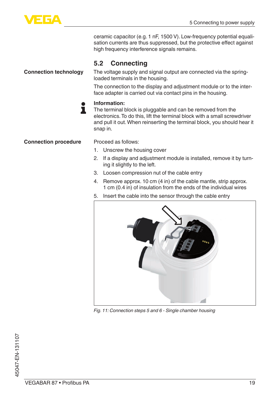 2 connecting | VEGA VEGABAR 87 Profibus PA - Operating Instructions User Manual | Page 19 / 80
