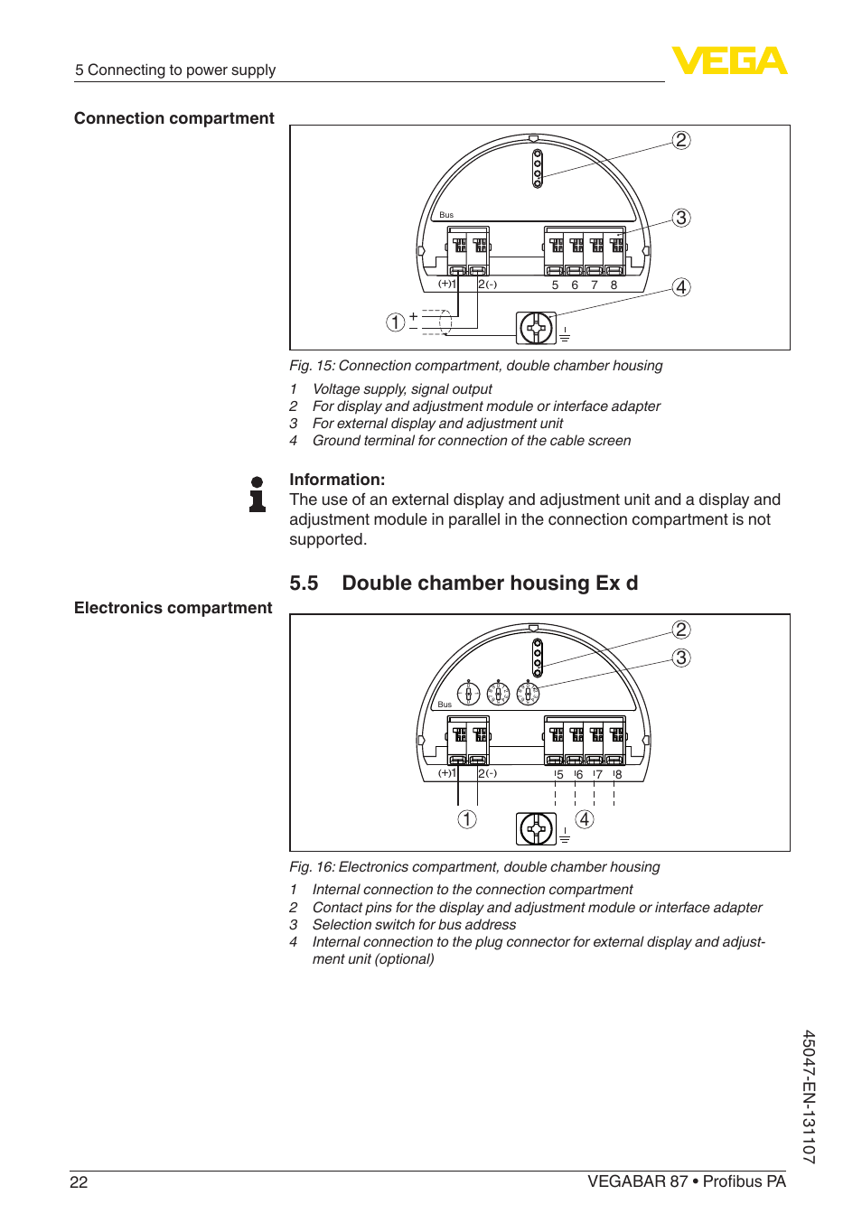 5 double chamber housing ex d, Connection compartment electronics compartment, 5 connecting to power supply | VEGA VEGABAR 87 Profibus PA - Operating Instructions User Manual | Page 22 / 80