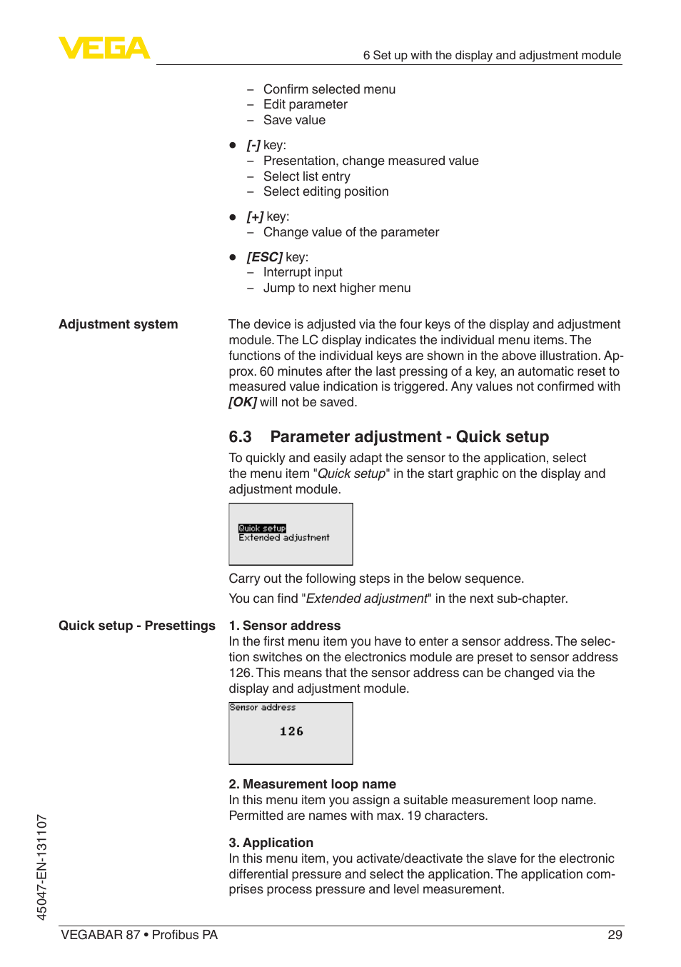 3 parameter adjustment - quick setup | VEGA VEGABAR 87 Profibus PA - Operating Instructions User Manual | Page 29 / 80