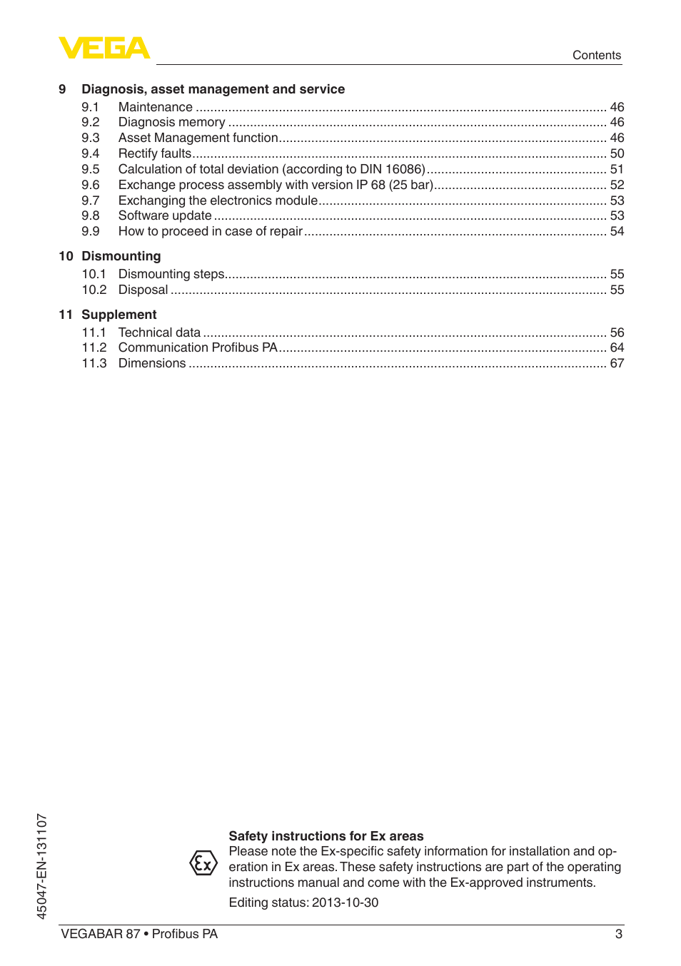 VEGA VEGABAR 87 Profibus PA - Operating Instructions User Manual | Page 3 / 80