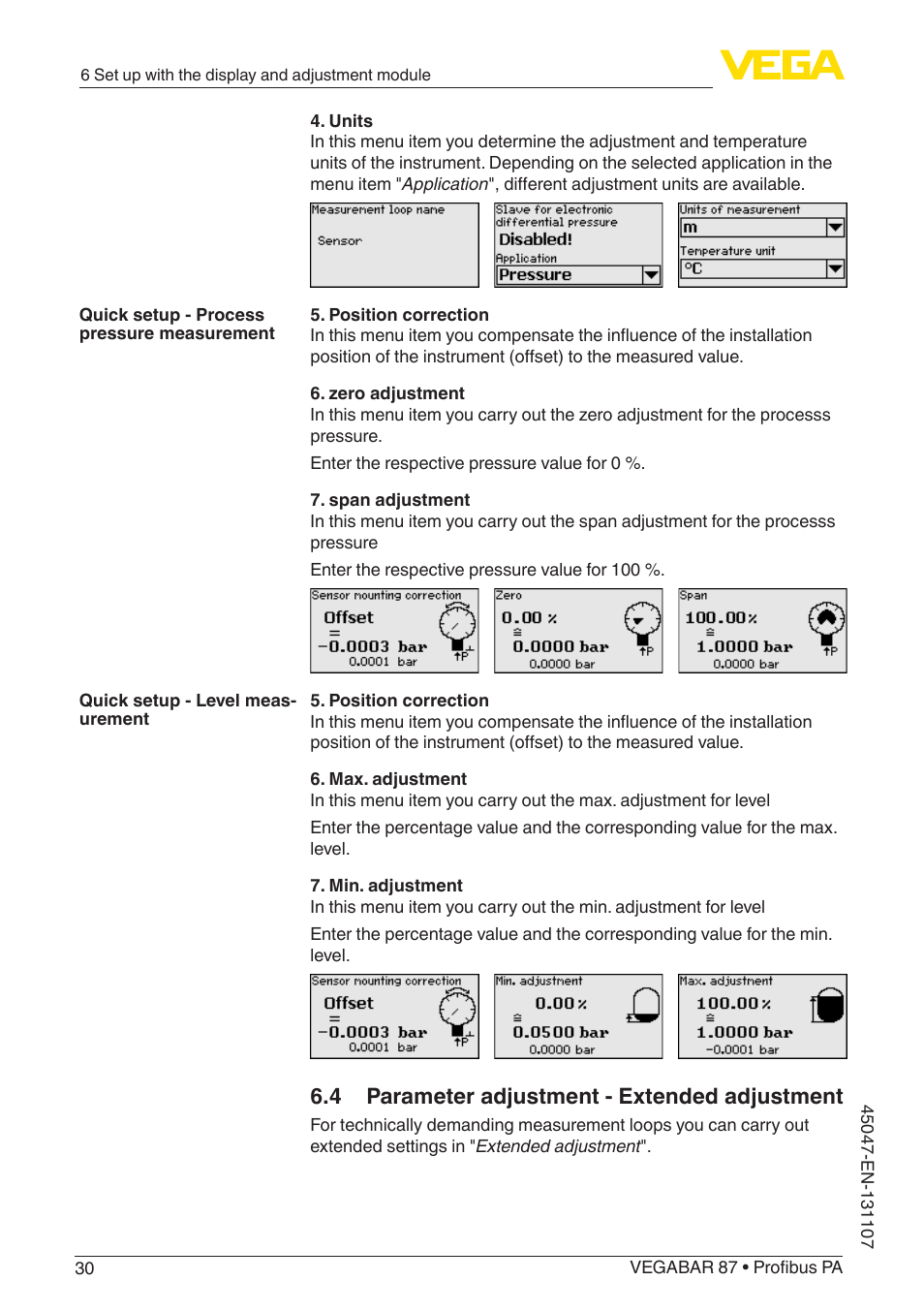 4 parameter adjustment - extended adjustment | VEGA VEGABAR 87 Profibus PA - Operating Instructions User Manual | Page 30 / 80