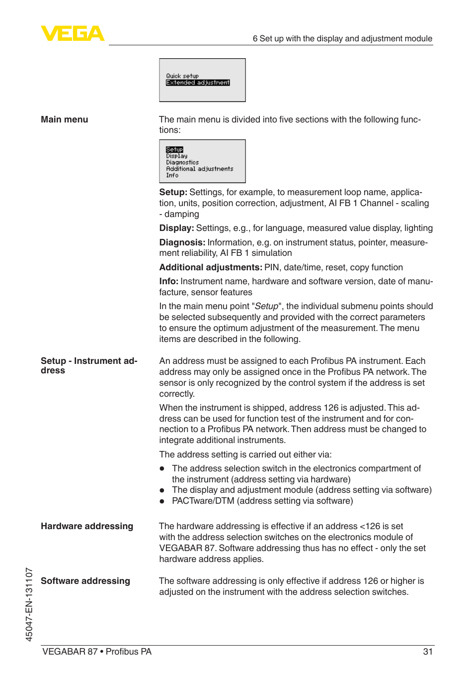VEGA VEGABAR 87 Profibus PA - Operating Instructions User Manual | Page 31 / 80