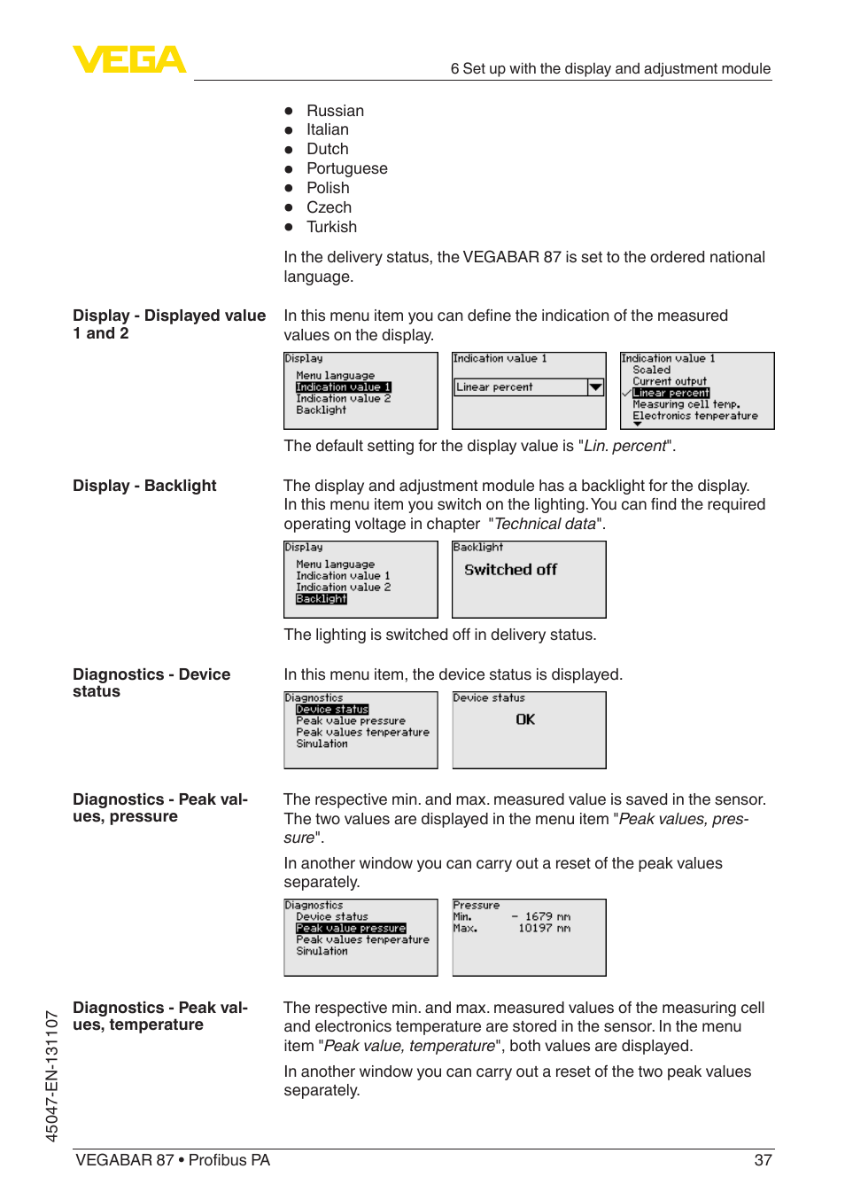 VEGA VEGABAR 87 Profibus PA - Operating Instructions User Manual | Page 37 / 80