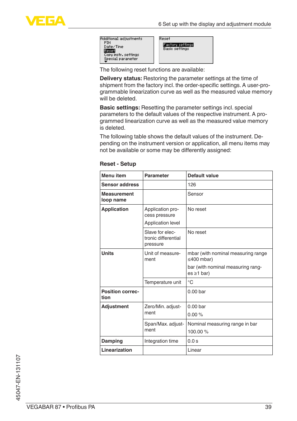 VEGA VEGABAR 87 Profibus PA - Operating Instructions User Manual | Page 39 / 80