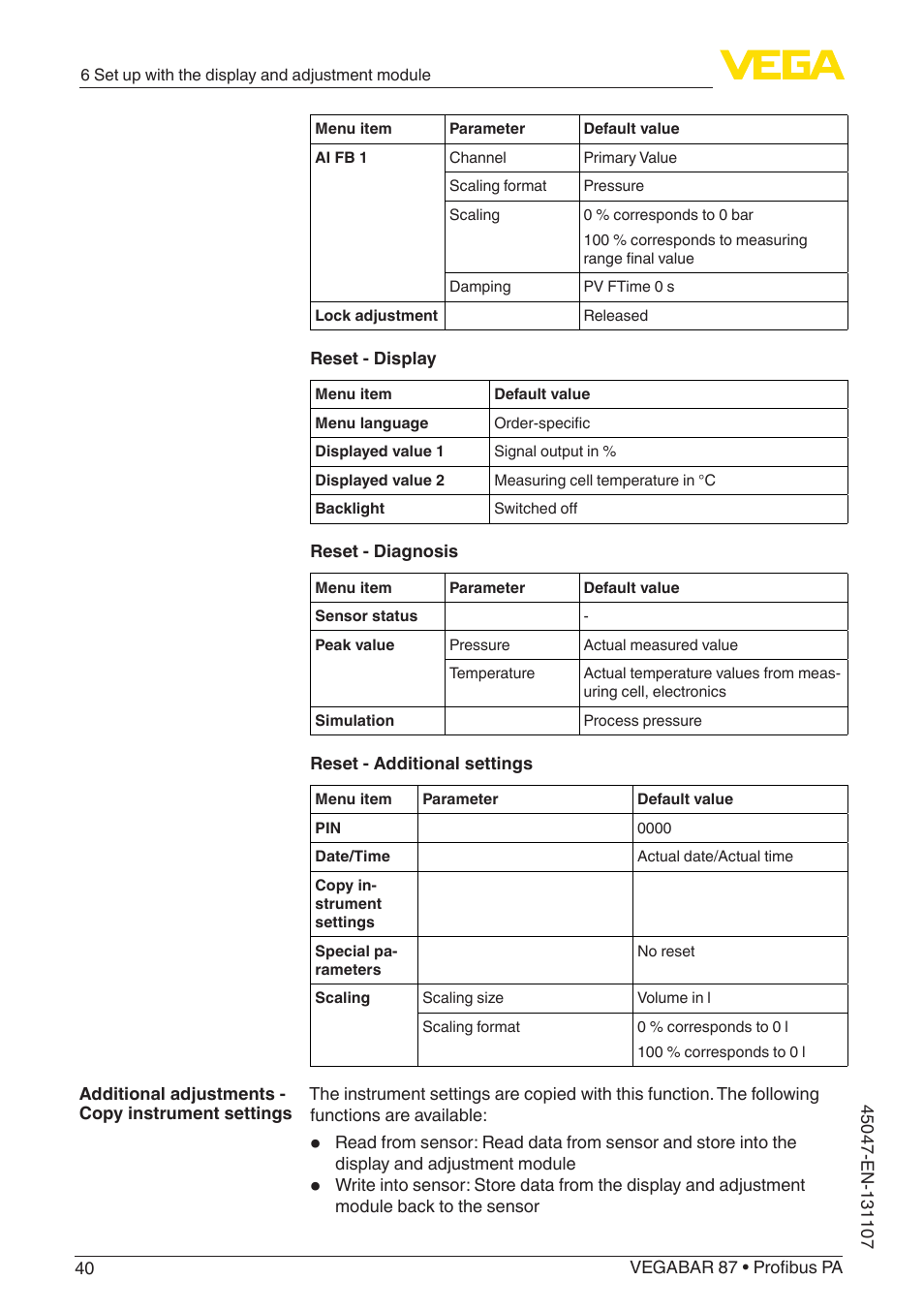 VEGA VEGABAR 87 Profibus PA - Operating Instructions User Manual | Page 40 / 80