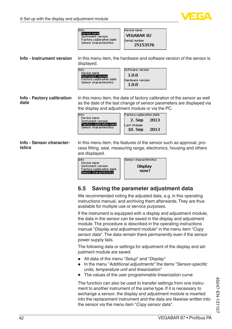 5 saving the parameter adjustment data | VEGA VEGABAR 87 Profibus PA - Operating Instructions User Manual | Page 42 / 80