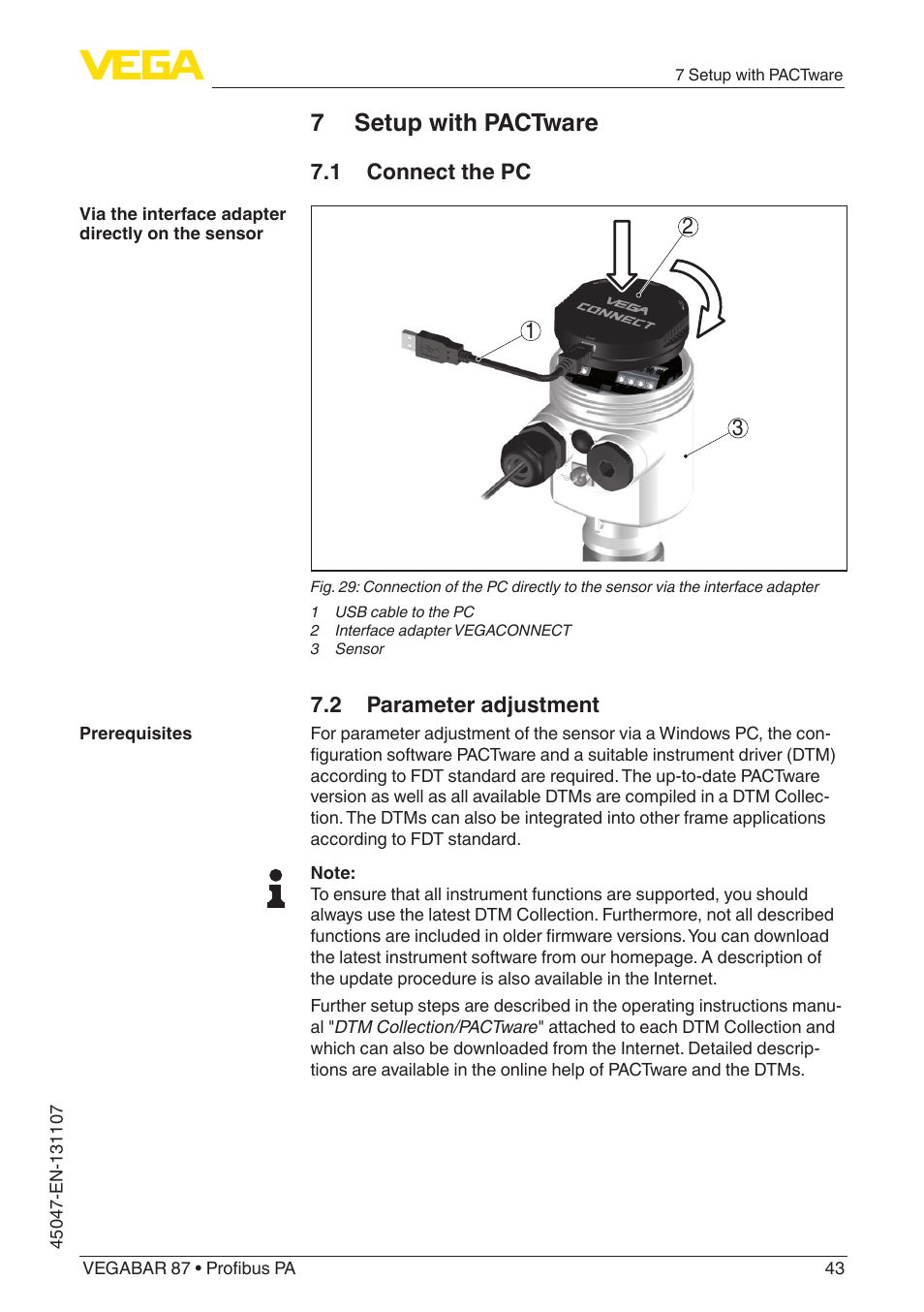 7 setup with pactware, 1 connect the pc, 2 parameter adjustment | VEGA VEGABAR 87 Profibus PA - Operating Instructions User Manual | Page 43 / 80