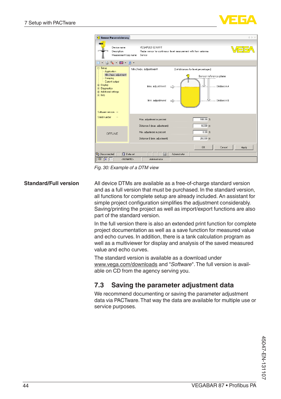 3 saving the parameter adjustment data | VEGA VEGABAR 87 Profibus PA - Operating Instructions User Manual | Page 44 / 80