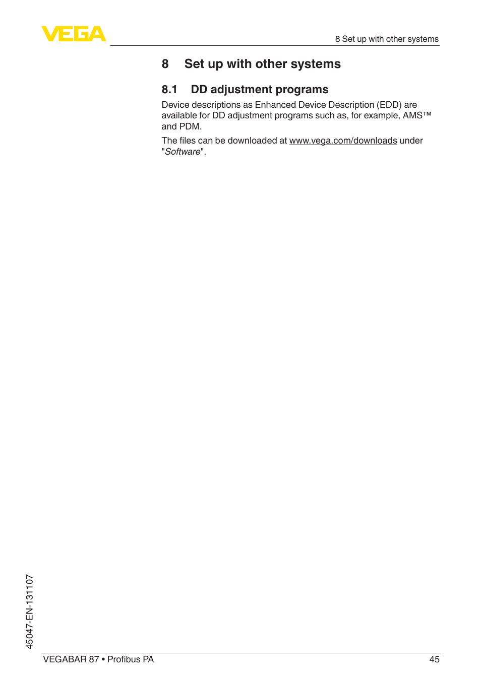 8 set up with other systems, 1 dd adjustment programs | VEGA VEGABAR 87 Profibus PA - Operating Instructions User Manual | Page 45 / 80