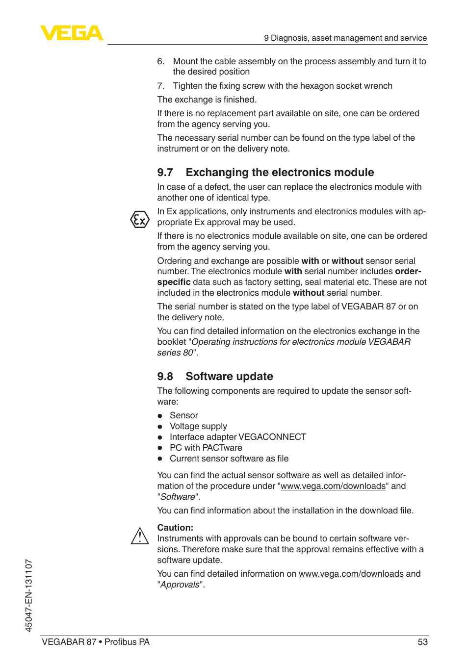 7 exchanging the electronics module, 8 software update | VEGA VEGABAR 87 Profibus PA - Operating Instructions User Manual | Page 53 / 80