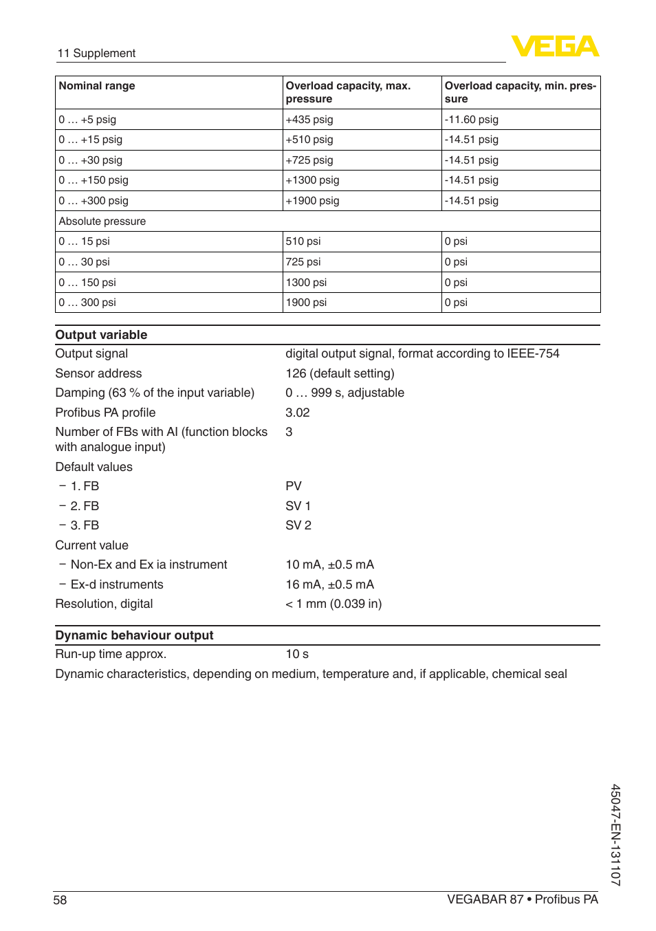 VEGA VEGABAR 87 Profibus PA - Operating Instructions User Manual | Page 58 / 80