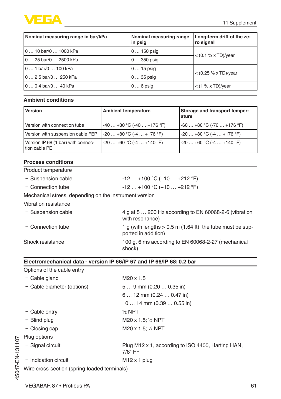 VEGA VEGABAR 87 Profibus PA - Operating Instructions User Manual | Page 61 / 80