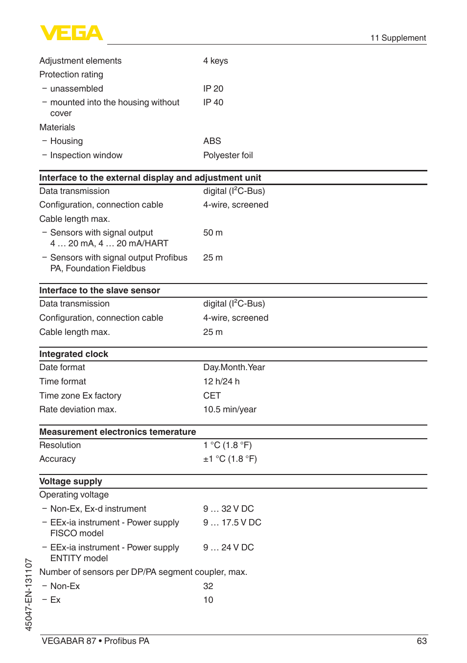 VEGA VEGABAR 87 Profibus PA - Operating Instructions User Manual | Page 63 / 80