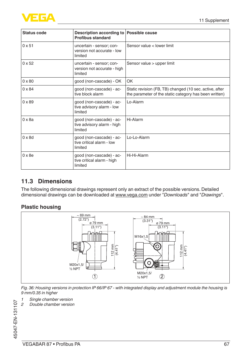 3 dimensions, Plastic housing | VEGA VEGABAR 87 Profibus PA - Operating Instructions User Manual | Page 67 / 80