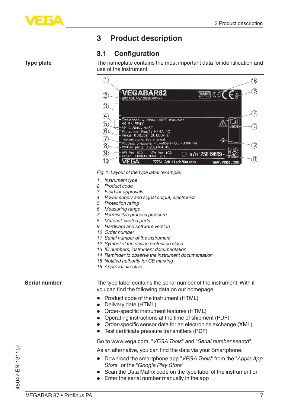 3 product description, 1 configuration | VEGA VEGABAR 87 Profibus PA - Operating Instructions User Manual | Page 7 / 80