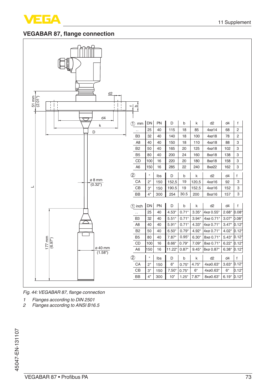 Vegabar 87, flange connection, 11 supplement | VEGA VEGABAR 87 Profibus PA - Operating Instructions User Manual | Page 73 / 80