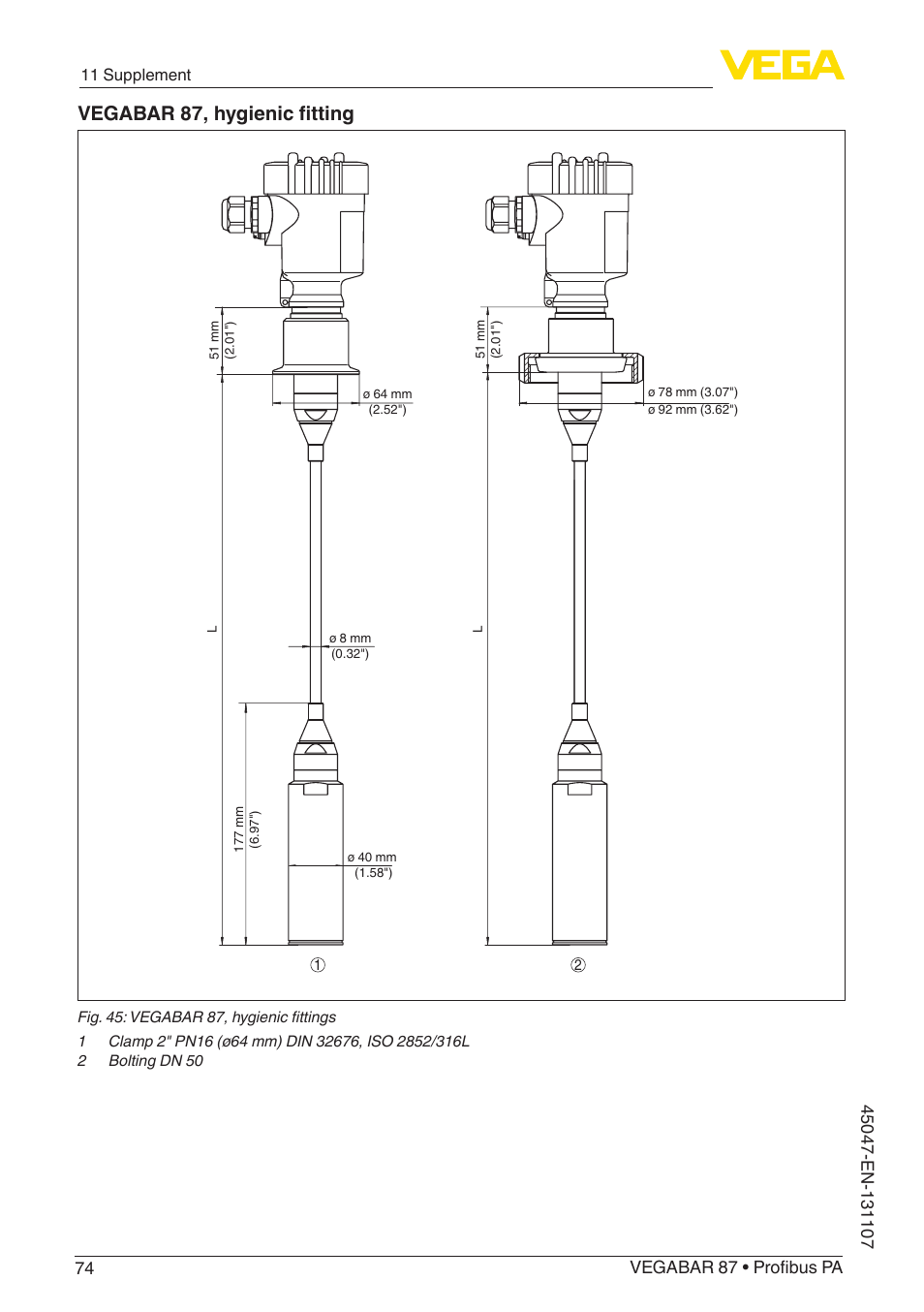 Vegabar 87, hygienic fitting | VEGA VEGABAR 87 Profibus PA - Operating Instructions User Manual | Page 74 / 80