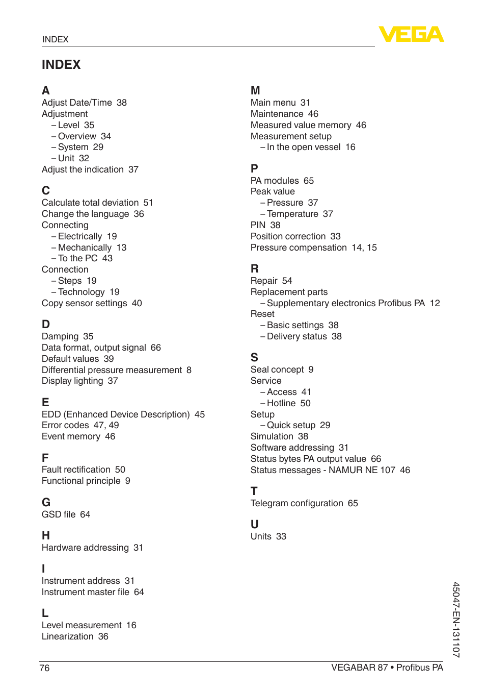Index | VEGA VEGABAR 87 Profibus PA - Operating Instructions User Manual | Page 76 / 80