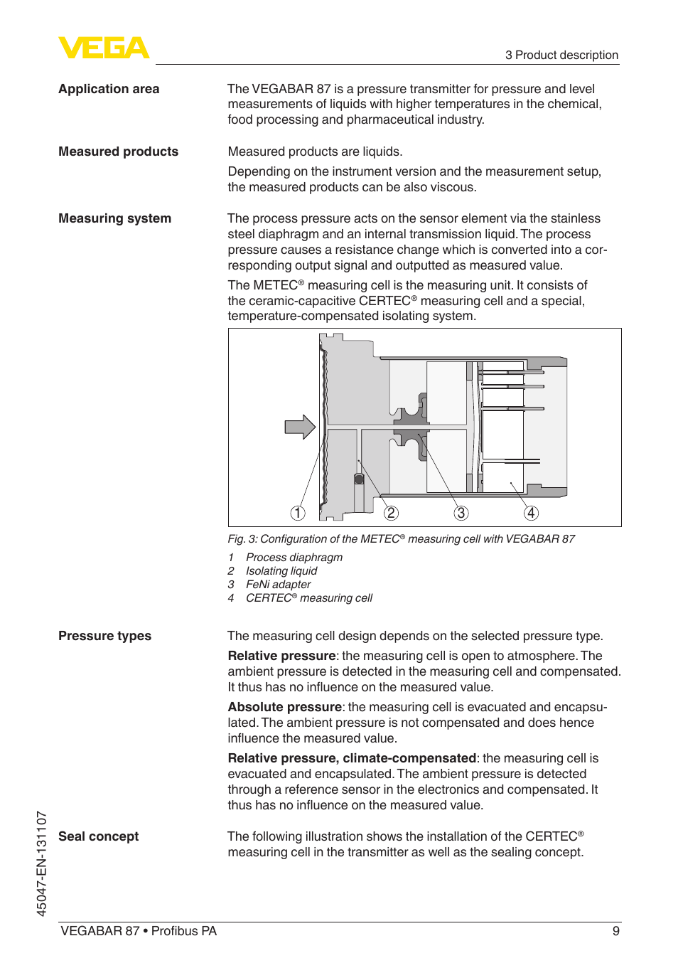 VEGA VEGABAR 87 Profibus PA - Operating Instructions User Manual | Page 9 / 80